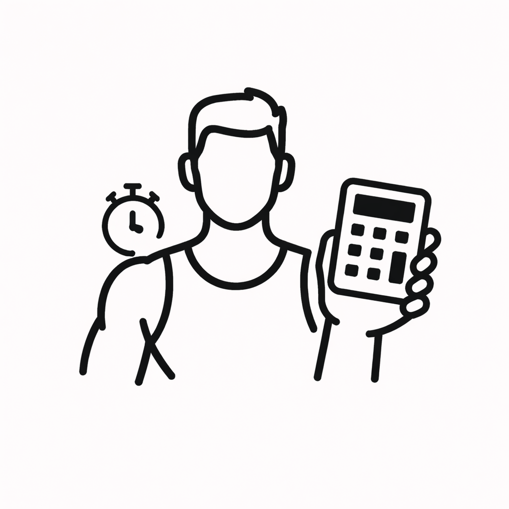Faceless person in a tank top holding a calculator with a small stopwatch icon behind their shoulder.