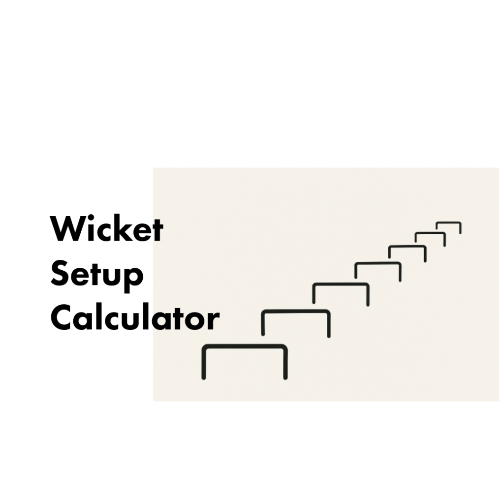 Bold Wicket Setup Calculator on left with a diagonal row of black wicket frames receding to the upper right on a beige panel.