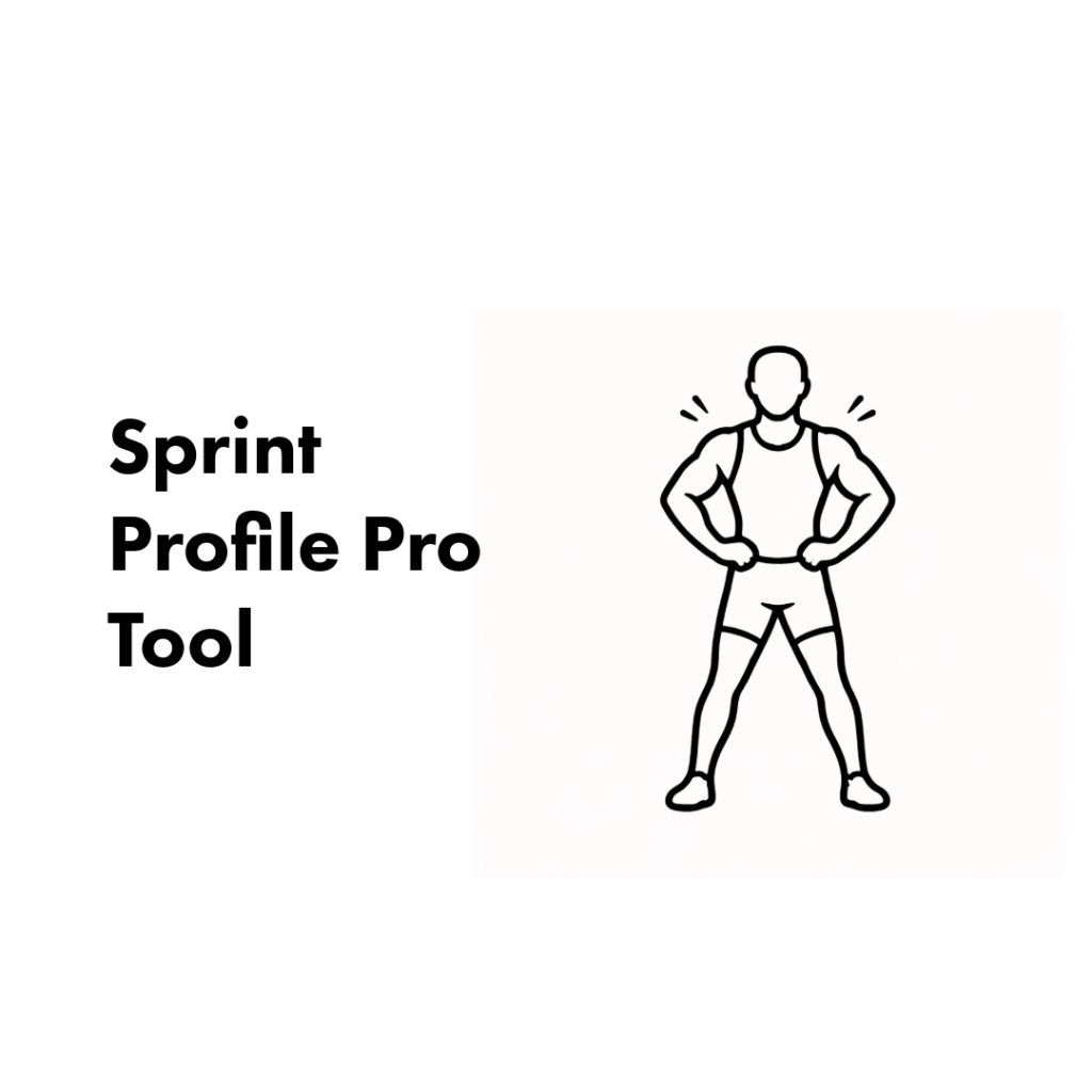 Bold text Sprint Profile Pro Tool on the left with a minimal black-line drawing of a muscular person standing with hands on hips on the right