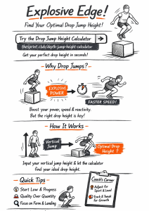 Infographic of drop-jump training showing athlete jumping off a box, timer, vertical-jump input, and a short quick-tips list.