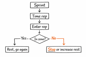 Hand-drawn flowchart: Sprint → Time rep → Enter rep → 'In zone?' Yes: Rest, go again; No: Stop or increase rest (orange)