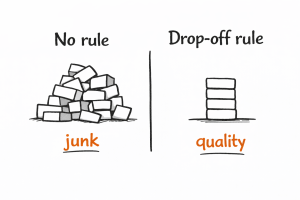 Two-panel drawing: left titled "No rule" shows a messy pile of bricks labeled "junk"; right titled "Drop-off rule" shows a neat stacked pile labeled "quality".