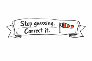 Hand-drawn ribbon banner reading "Stop guessing. Correct it." with a small orange-and-white striped windsock illustration on the right