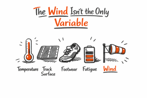 Hand-drawn infographic The Wind Isn't the Only Variable showing icons for temperature, track, footwear, fatigue and wind.