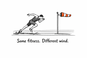 Sprinter launching from starting blocks with a windsock showing a strong tailwind and the caption "Same fitness. Different wind."