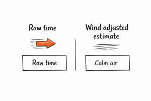 Two-panel diagram: left Raw time with orange arrow and box; right Wind-adjusted with breeze lines and Calm air box.