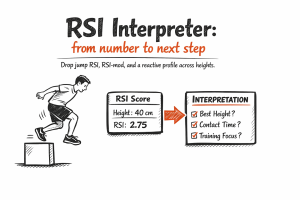 Person performing a drop jump next to an RSI score card (Height 40 cm, RSI 2.75) pointing to an interpretation checklist.