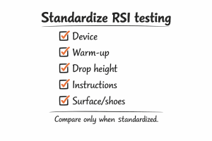 Checklist titled Standardize RSI testing with five checked items: Device, Warm-up, Drop height, Instructions, Surface/shoes.