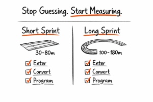 Two-column diagram: Short Sprint 30–80m (straight) vs Long Sprint 100–180m (curved); both show checked Enter Convert Program