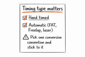 Timing type matters poster with checked Hand timed and Automatic (FAT, Freelap, laser) and warning: pick one conversion.