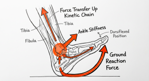 Dorsiflexed foot diagram labeling calcaneus, talus, tibia/fibula with orange arrows showing ground reaction and upward force