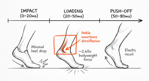 Gait phases: Impact 0–20ms minimal heel drop; Loading 20–50ms ankle dorsiflexion ≈2.65× BW; Push-off 50–80ms elastic recoil.