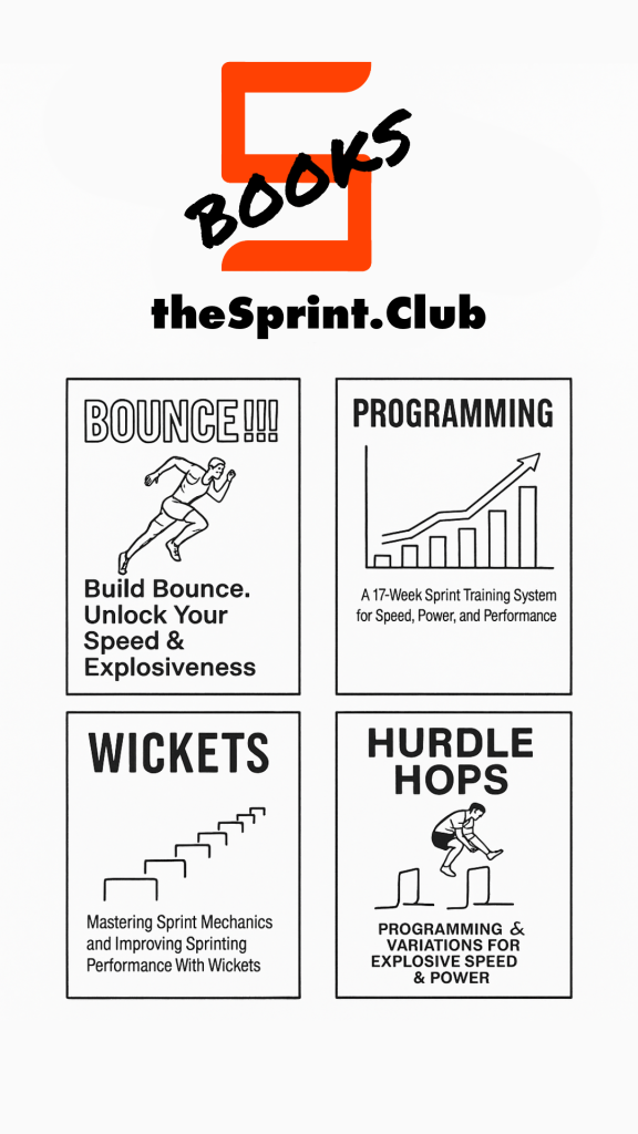 theSprint.Club logo with handwritten BOOKS above a grid of four book covers titled Bounce, Programming, Wickets, and Hurdle Hops, each showing sprint-training illustrations