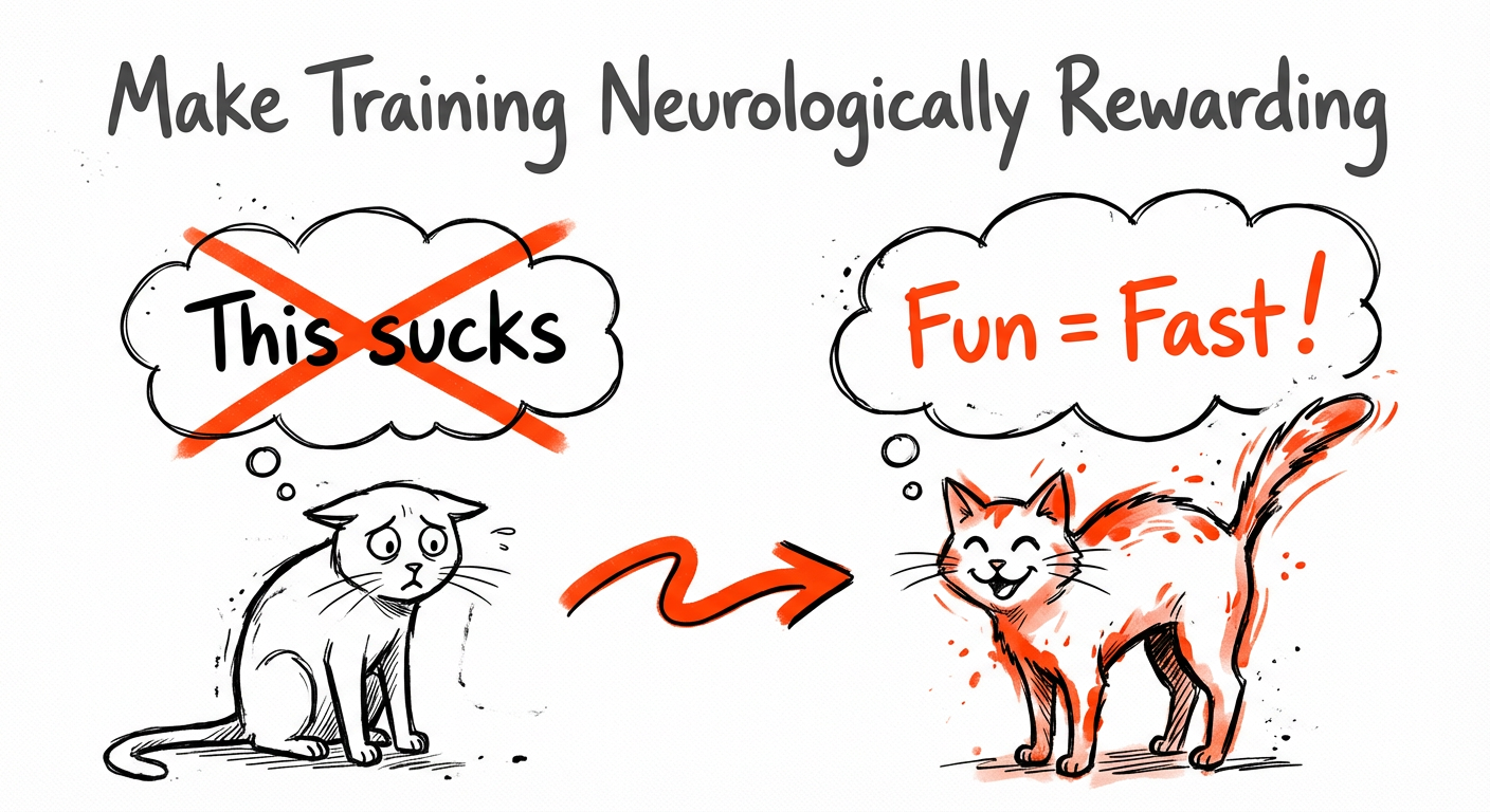 Sketch of a sad cat thinking 'This sucks' (crossed out), arrow to a smiling orange-highlighted cat thinking 'Fun = Fast!'.