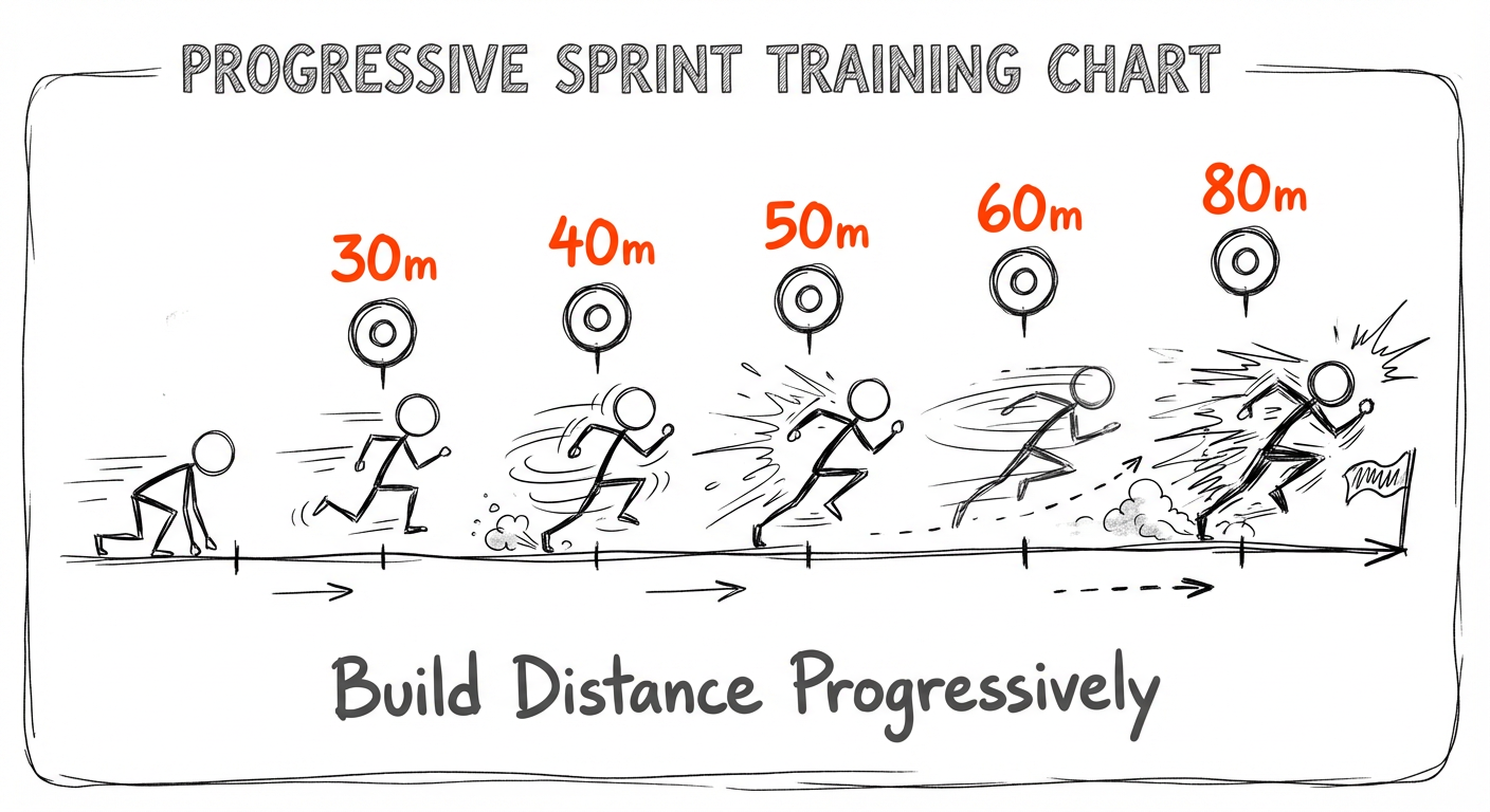 Sketch chart of progressive sprints at 30m, 40m, 50m, 60m and 80m showing accelerating stick-figure runners.