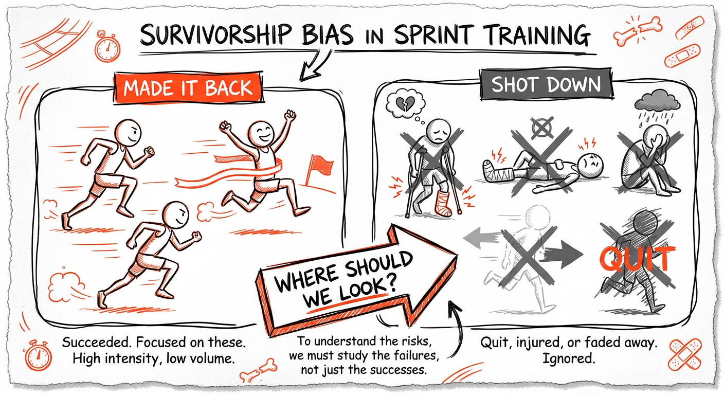 Survivorship bias infographic: left shows triumphant sprinters, right shows injured, crossed-out, or quitting runners.