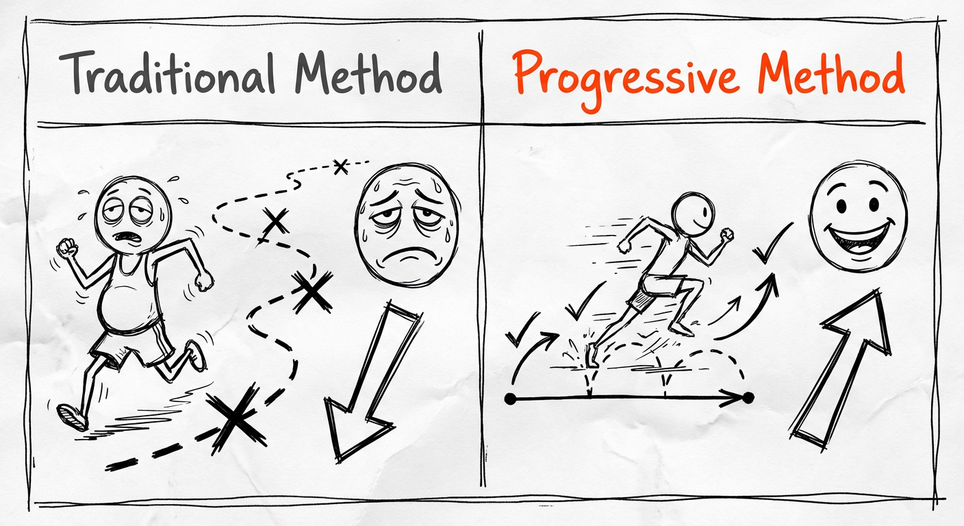 Split sketch: left—tired runner, messy path, down arrow, sad face; right—fit runner leaping steps with checks and up arrow.