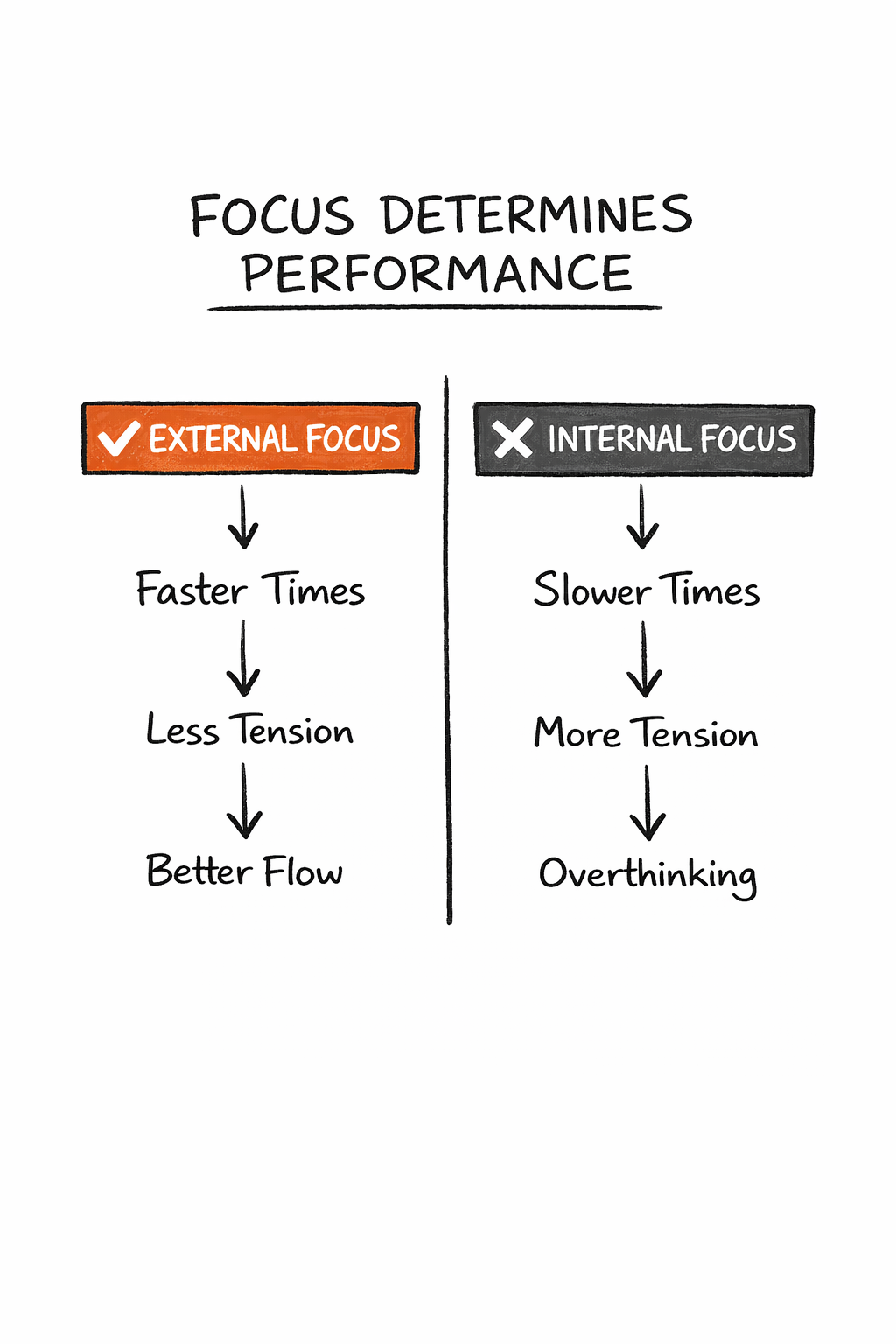 External Focus (orange) → faster, less tension, better flow; Internal Focus (gray) → slower, more tension, overthinking