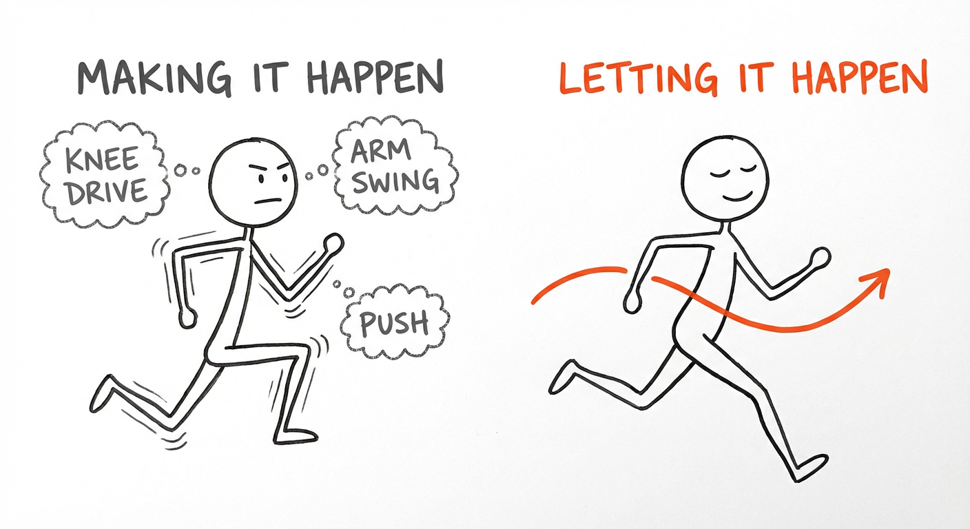 Two stick-figure runners: left labeled Making It Happen looks tense with thought bubbles "knee drive, arm swing, push"; right labeled Letting It Happen is relaxed with an orange flowing arrow.