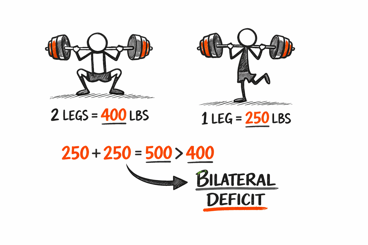 Cartoon comparing two-leg squat 400 lbs vs single-leg 250 lbs each, 250+250=500>400 illustrating bilateral deficit