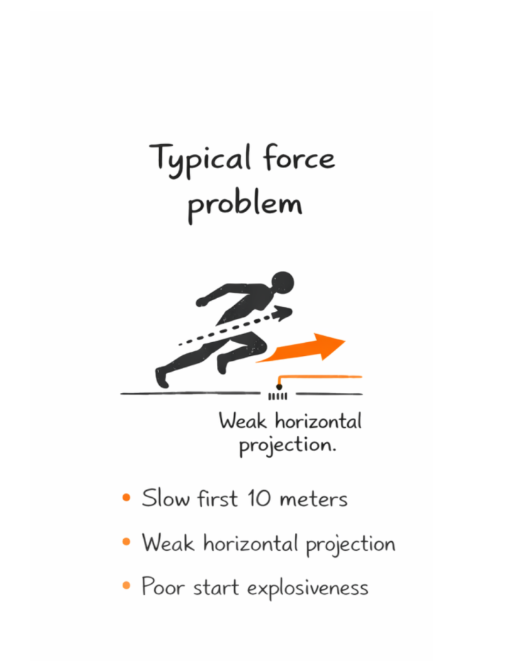 Stylized sprinter with small orange arrow showing weak horizontal projection; captions: slow first 10m, poor explosive start.