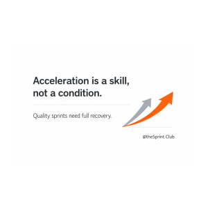 Text "Acceleration is a skill, not a condition." with subtext "Quality sprints need full recovery." and two upward arrows, one gray and one orange.