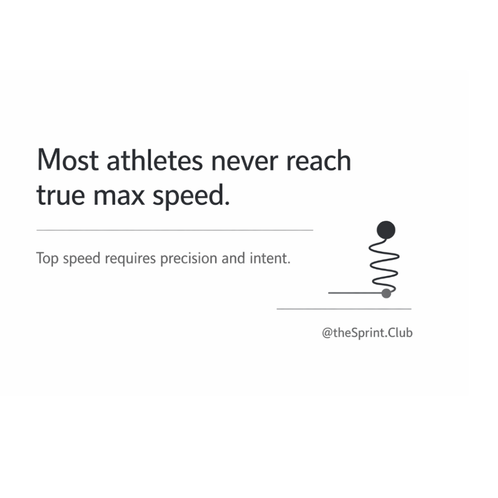 Slide reading Most athletes never reach true max speed, subtext Top speed requires precision and intent, with a spiral icon