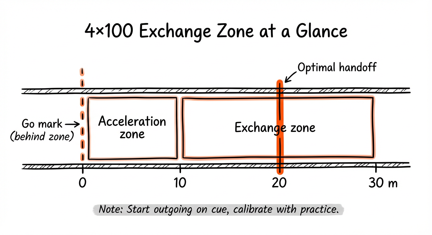 4×100 relay diagram showing acceleration zone (0–10 m), exchange zone (10–30 m) with optimal handoff at 20 m.