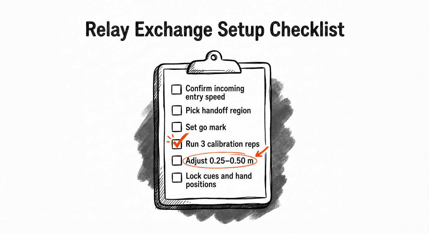 Sketch clipboard titled Relay Exchange Setup Checklist, showing Run 3 calibration reps checked and Adjust 0.25–0.50 m circled.