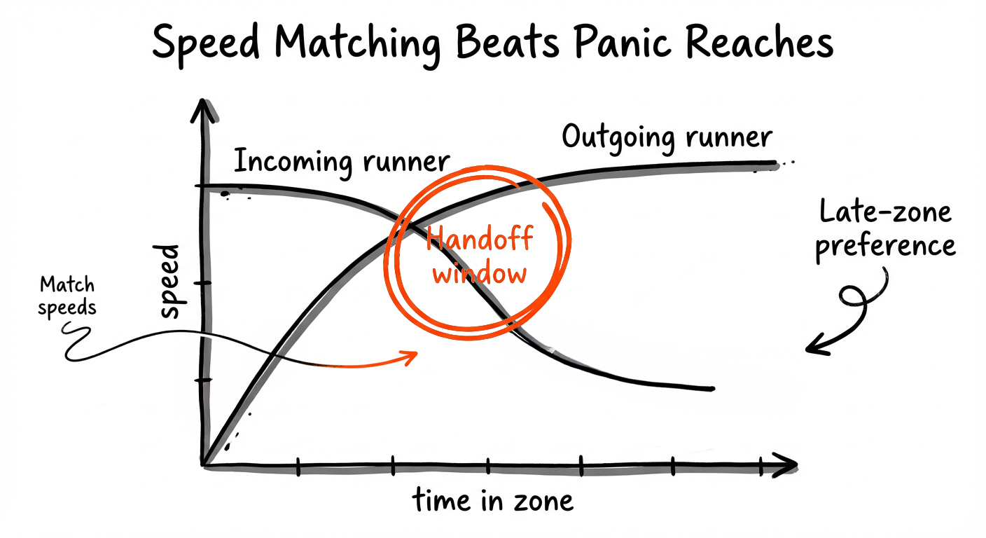 Incoming and outgoing speed curves crossing with an orange circled handoff window indicating matched speeds.