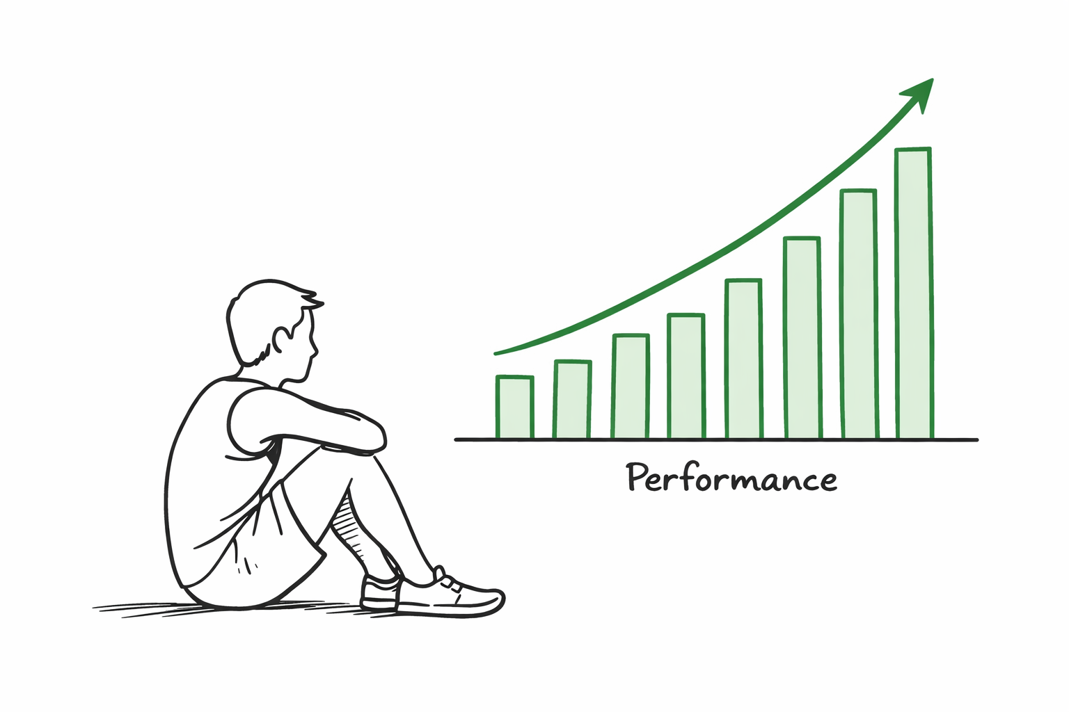 Young person sitting on floor watching an upward-trending green bar chart labeled "Performance."