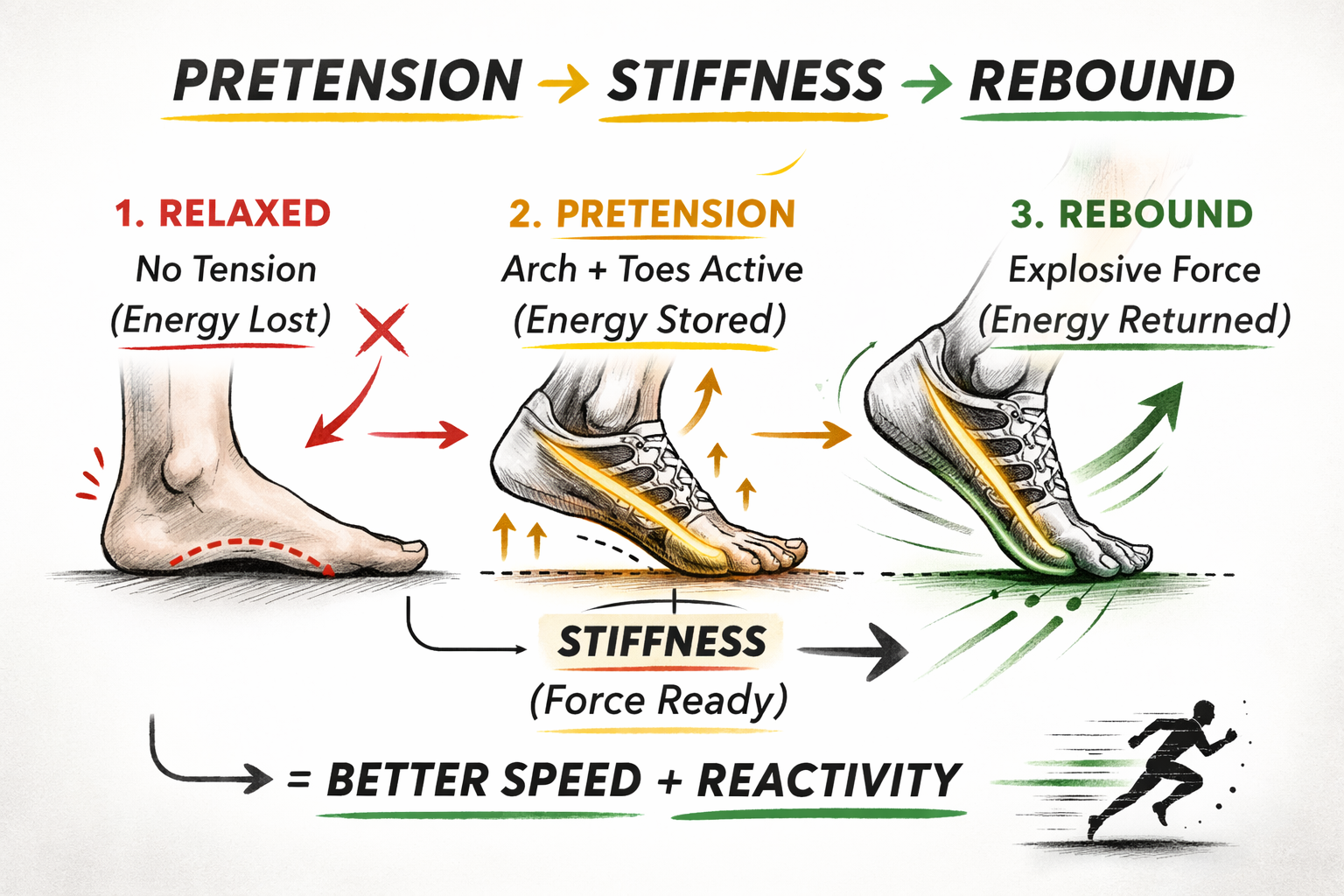 Three-panel diagram showing foot mechanics: relaxed flat foot, pretension with arch/toes active storing energy, and rebound pushing off.
