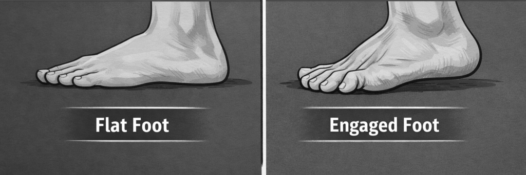 Side-by-side illustrations comparing a flat foot (left) with full sole contact and an engaged foot (right) with raised arch and toes gripping.