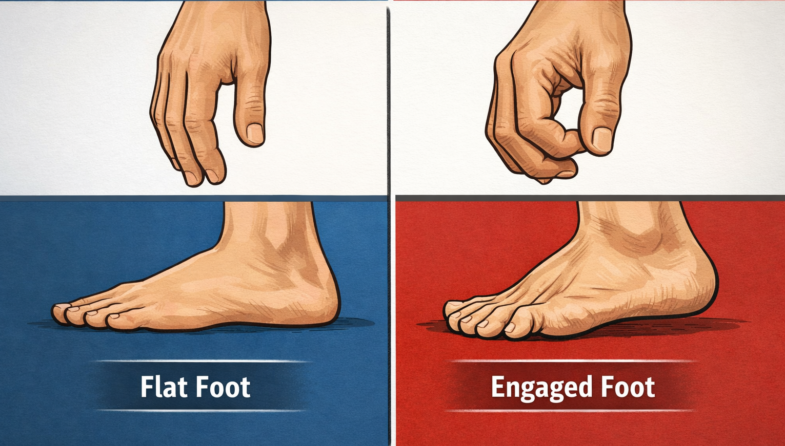 Split illustration comparing a relaxed flat foot on blue background labeled "Flat Foot" and a lifted engaged foot on red labeled "Engaged Foot."