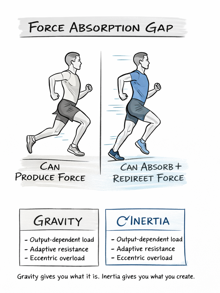 Split illustration of two runners: left in gray labeled "Can produce force", right in blue with motion lines labeled "Can absorb + redirect force"; boxes below compare Gravity and Inertia features.