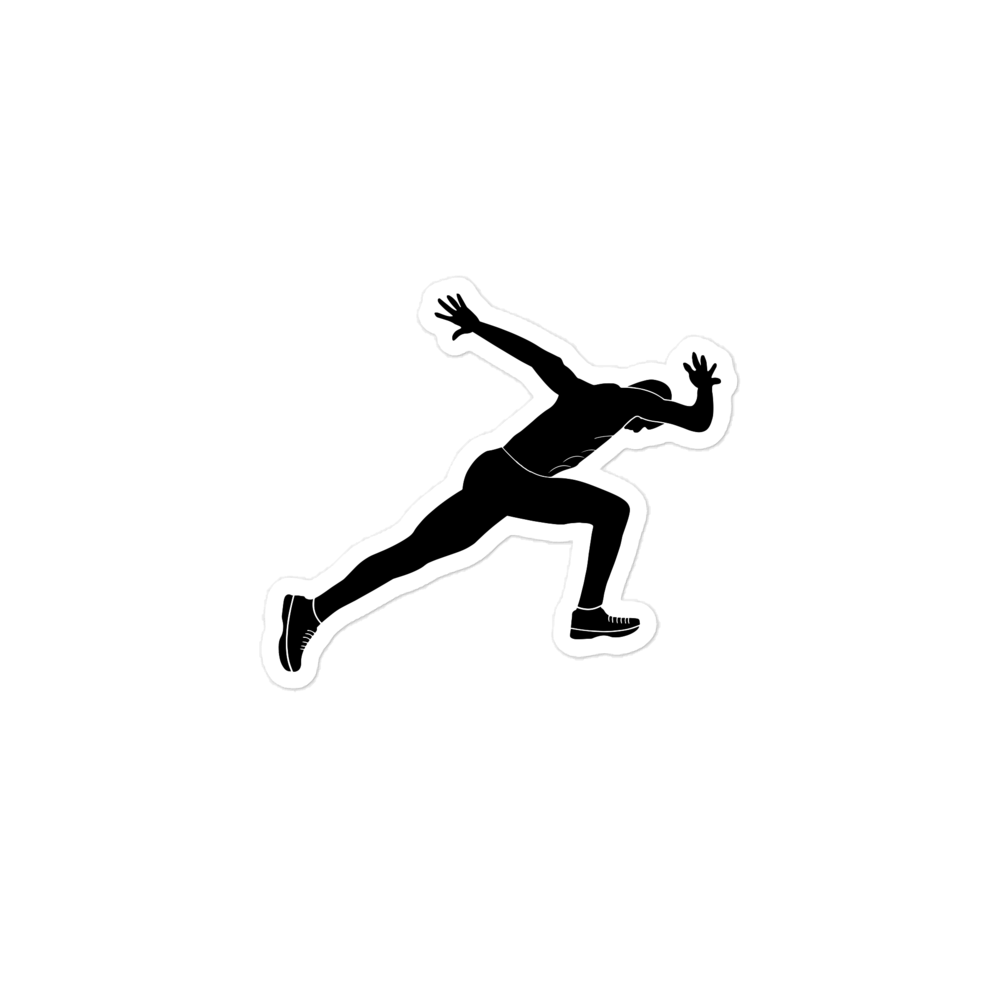 Silhouette of a sprinter in a forward-launching start pose with outstretched arms and outlined in white on black background