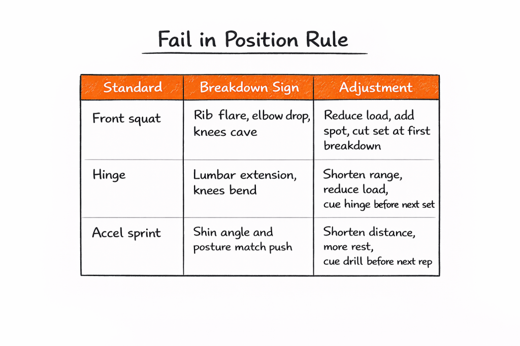 Table titled "Fail in Position Rule" listing standards (Front squat, Hinge, Accel sprint), common breakdown signs and adjustments for each.