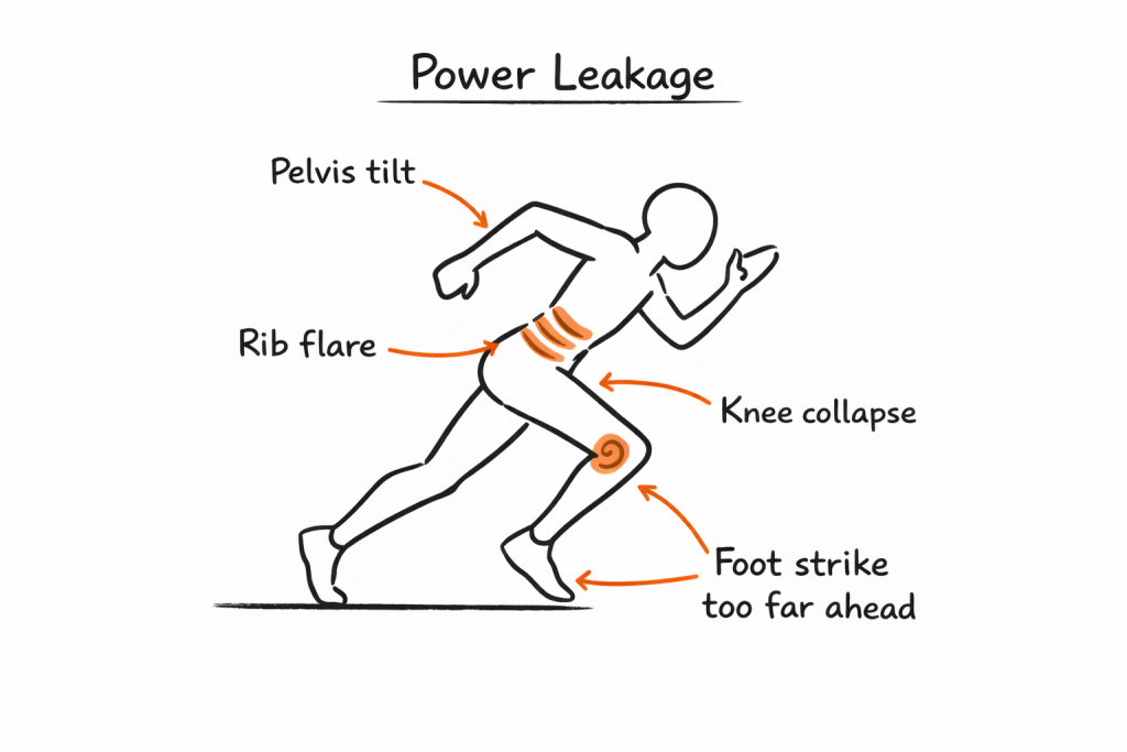 Stylized runner leaning forward with labeled faults: pelvis tilt, rib flare, knee collapse, and foot strike too far ahead.