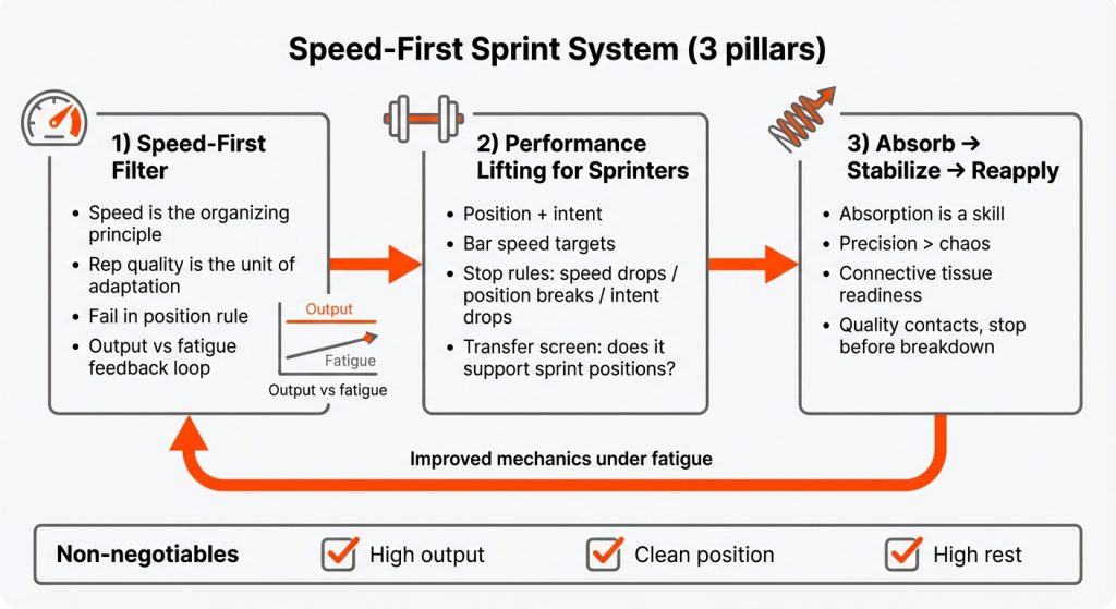 Diagram titled "Speed-First Sprint System (3 pillars)" showing three connected boxes: 1) Speed-First Filter with bullets about speed as principle, rep quality, fail in position, output vs fatigue and a small graph; 2) Performance Lifting for Sprinters with bullets on position + intent, bar speed targets, stop rules, transfer screen and a dumbbell icon; 3) Absorb → Stabilize → Reapply with bullets on absorption as a skill, precision, connective tissue readiness, quality contacts and a spring icon; an orange arrow loop labeled Improved mechanics under fatigue and a bottom bar of non-negotiables: high output, clean position, high rest.