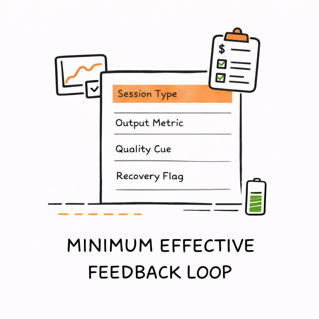 Illustration of a checklist titled "Session Type" with lines for Output Metric, Quality Cue, Recovery Flag, and icons.