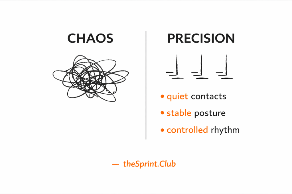 Left side shows a chaotic scribble under "CHAOS"; right side labeled "PRECISION" with three vertical marks and bullet points: quiet contacts, stable posture, controlled rhythm.