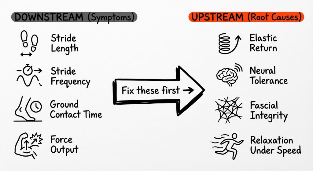 Diagram contrasting downstream running symptoms (stride length, frequency, ground contact time, force) with upstream root causes to fix first.