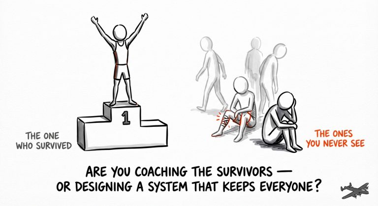 Stick-figure winner standing on a #1 podium on the left labeled "the one who survived," and on the right faded figures sitting and injured with caption "the ones you never see," with text below asking "Are you coaching the survivors—or designing a system that keeps everyone?"