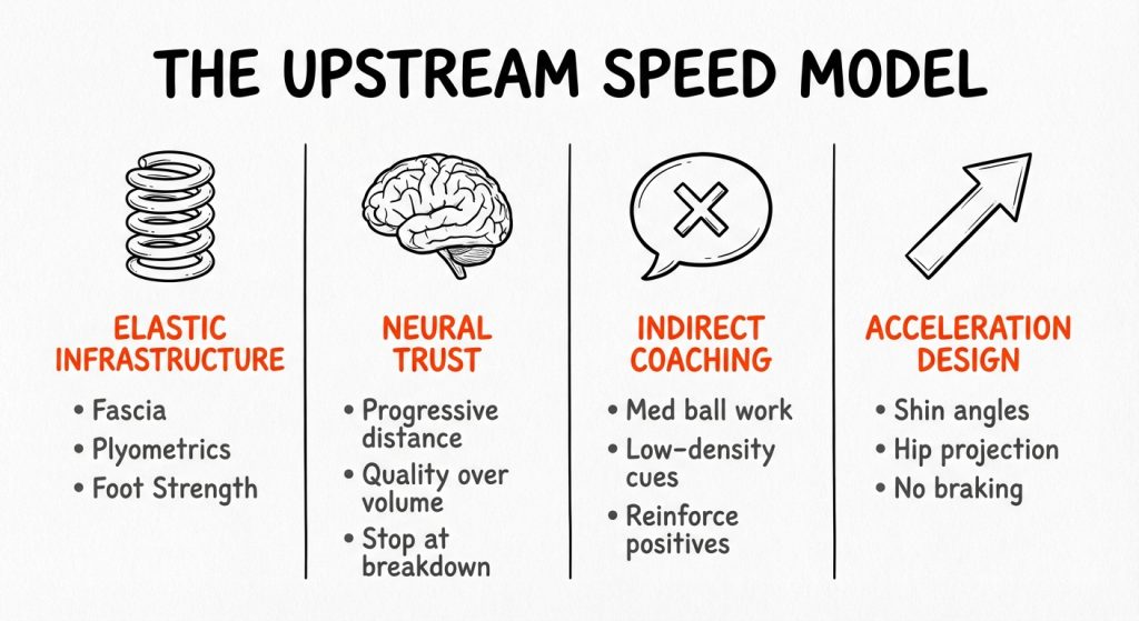 Diagram titled "The Upstream Speed Model" showing four columns: Elastic Infrastructure (spring, bullet list), Neural Trust (brain, bullets), Indirect Coaching (speech bubble), and Acceleration Design (arrow)
