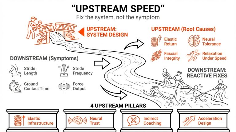 Stylized river metaphor showing upstream system design vs downstream symptoms, listing root causes and four upstream pillars.