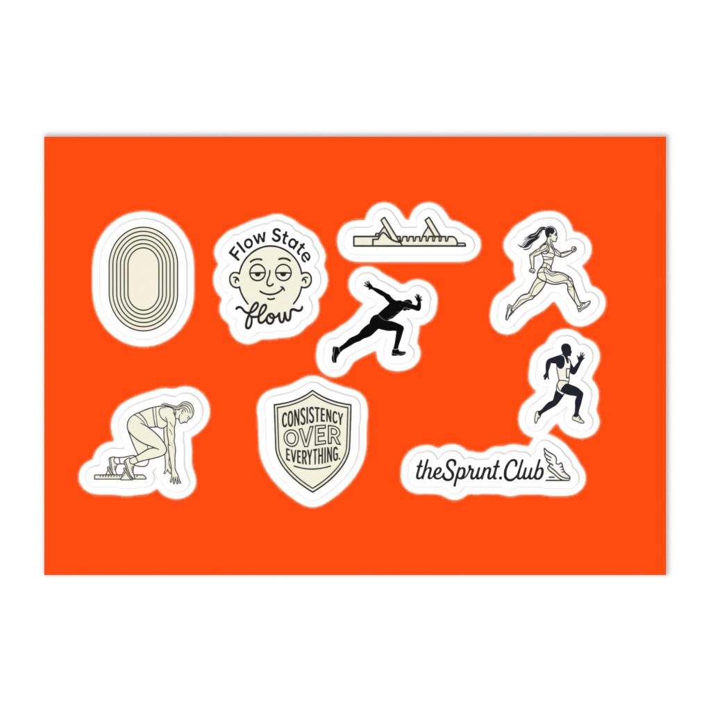 Bright orange background with assorted running-themed stickers: track oval, sprinters, starting blocks, "Flow State" face, and "Consistency Over Everything."