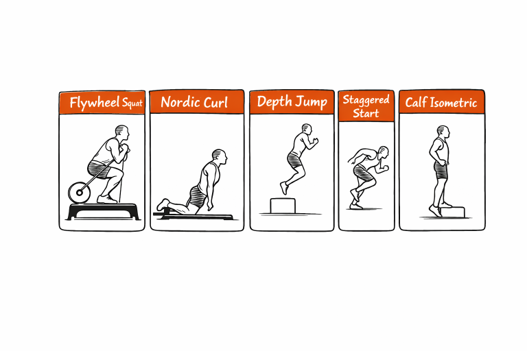 Five labeled exercise panels showing stick-figure demonstrations: Flywheel squat, Nordic curl, depth jump, staggered start, calf isometric.