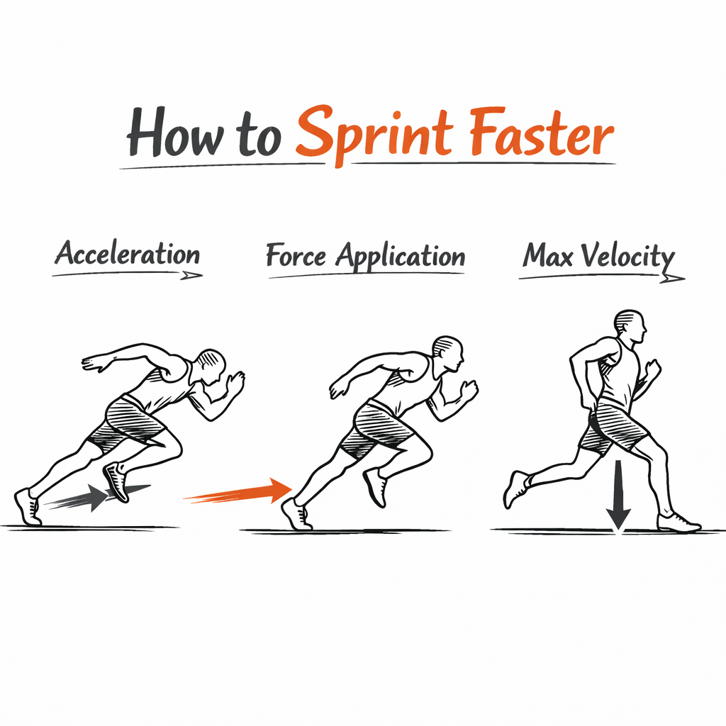Three-panel illustration showing sprint technique: acceleration, forceful rear-leg push, and upright max-velocity running with downward force.