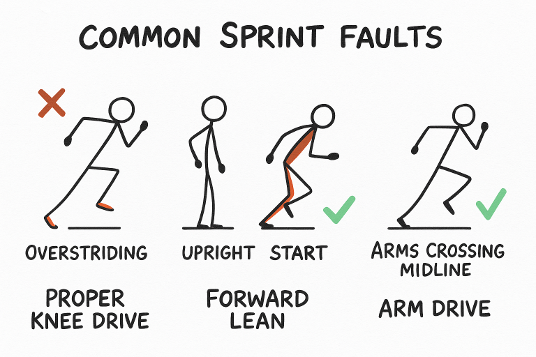 Diagram titled "Common Sprint Faults" showing four stick-figure panels: overstriding with red X, upright start, forward lean with proper knee drive (green check), and arms crossing midline corrected to arm drive (green check).
