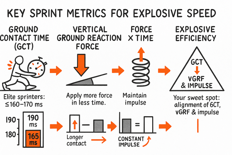 Infographic showing key sprint metrics: ground contact time, vertical ground reaction force, force x time, and explosive efficiency with diagrams.
